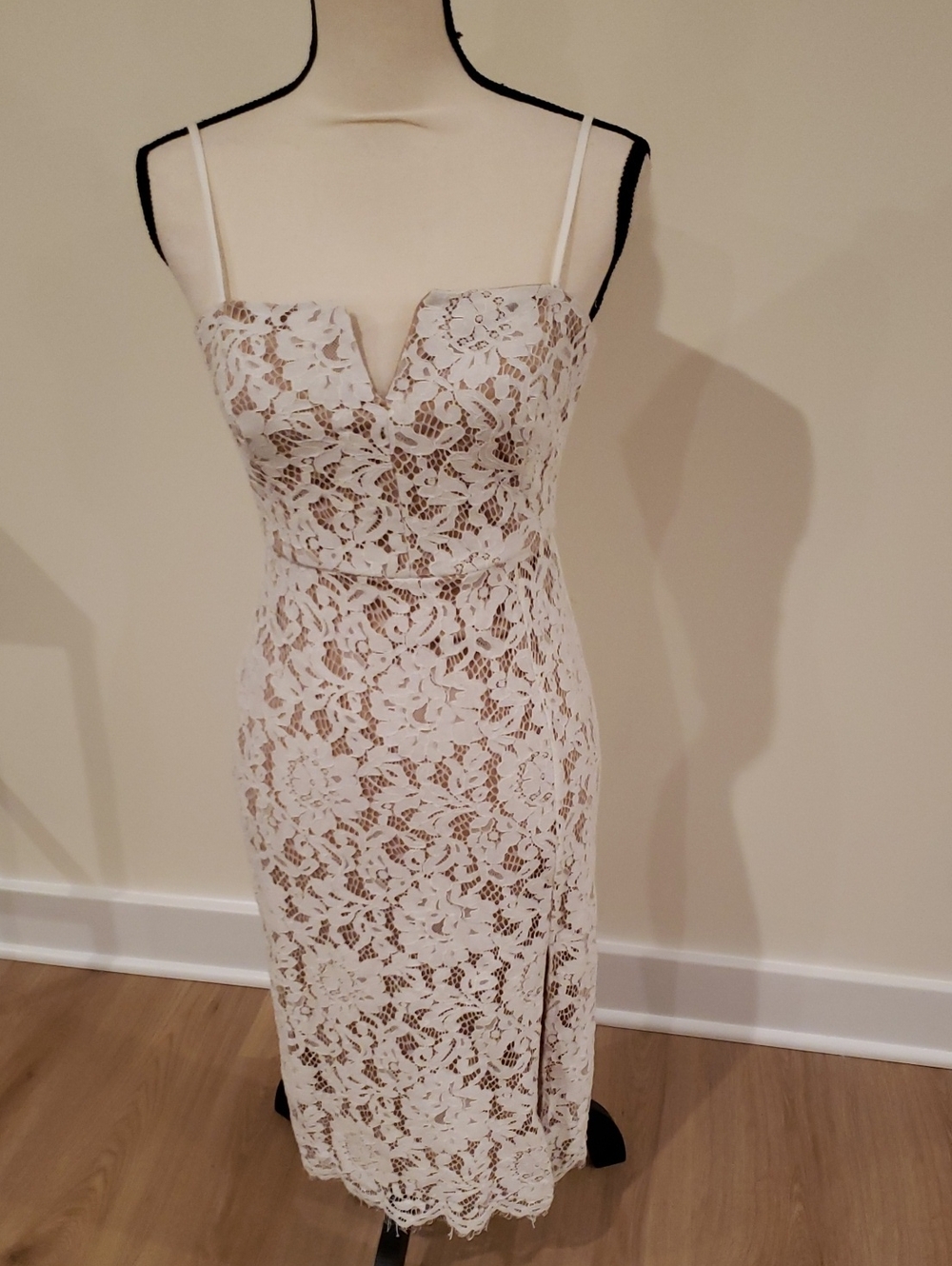 Lulu's "Amazing Allure White Crochet Lace" Over Beige Spaghetti-Strap Dress